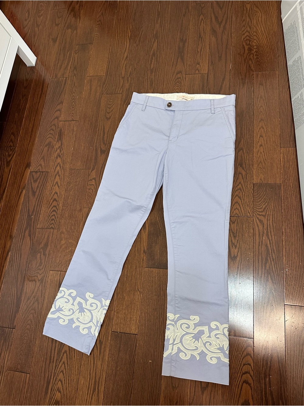 Tory Burch Light Blue Cropped Pants with Cream Embroidered Cuffs